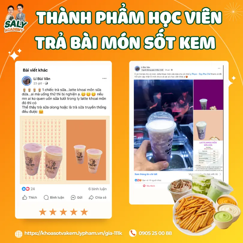 Ảnh chụp phản hồi và ly thức uống của học viên sau khi học môn Sốt và Kem