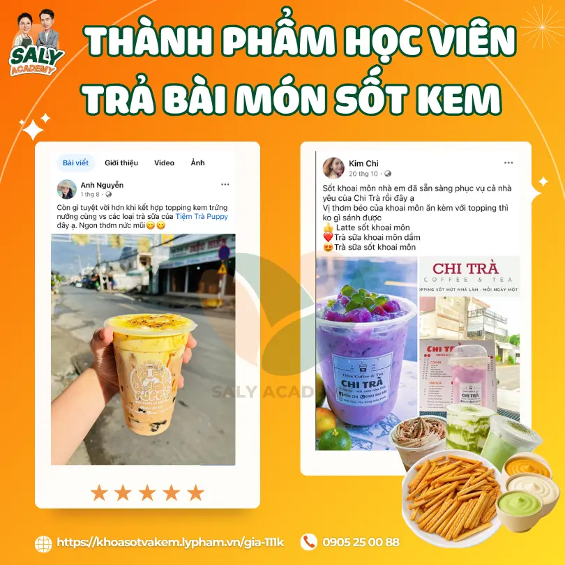 Ảnh chụp quán và ly thức uống có sốt kem của học viên sau khóa học