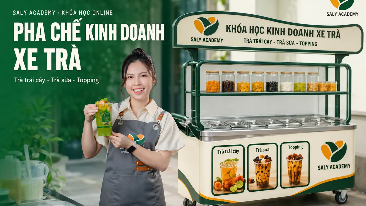 Mô hình xe trà di động Saly Academy với đầy đủ trà sữa, trà trái cây, topping