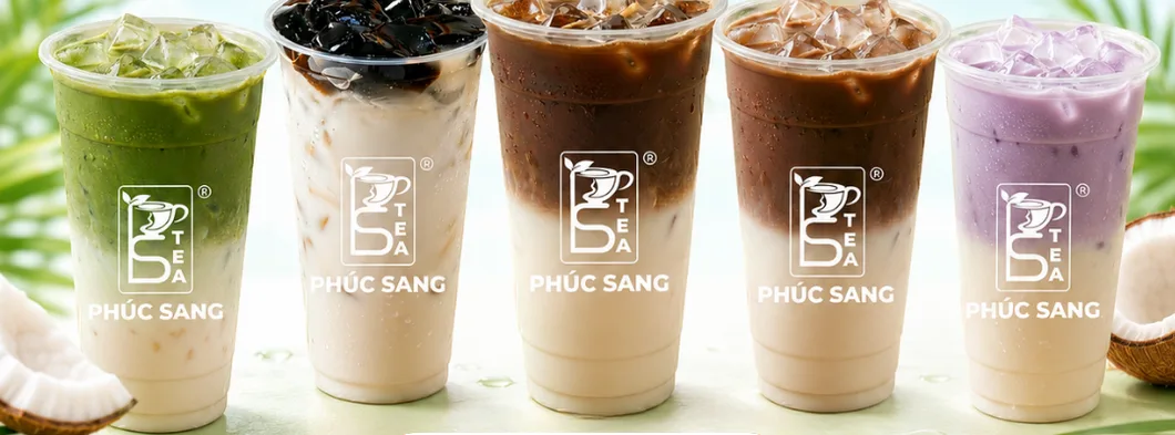Năm ly sữa dừa mix các vị matcha cà phê cacao khoai môn xếp cạnh nhau